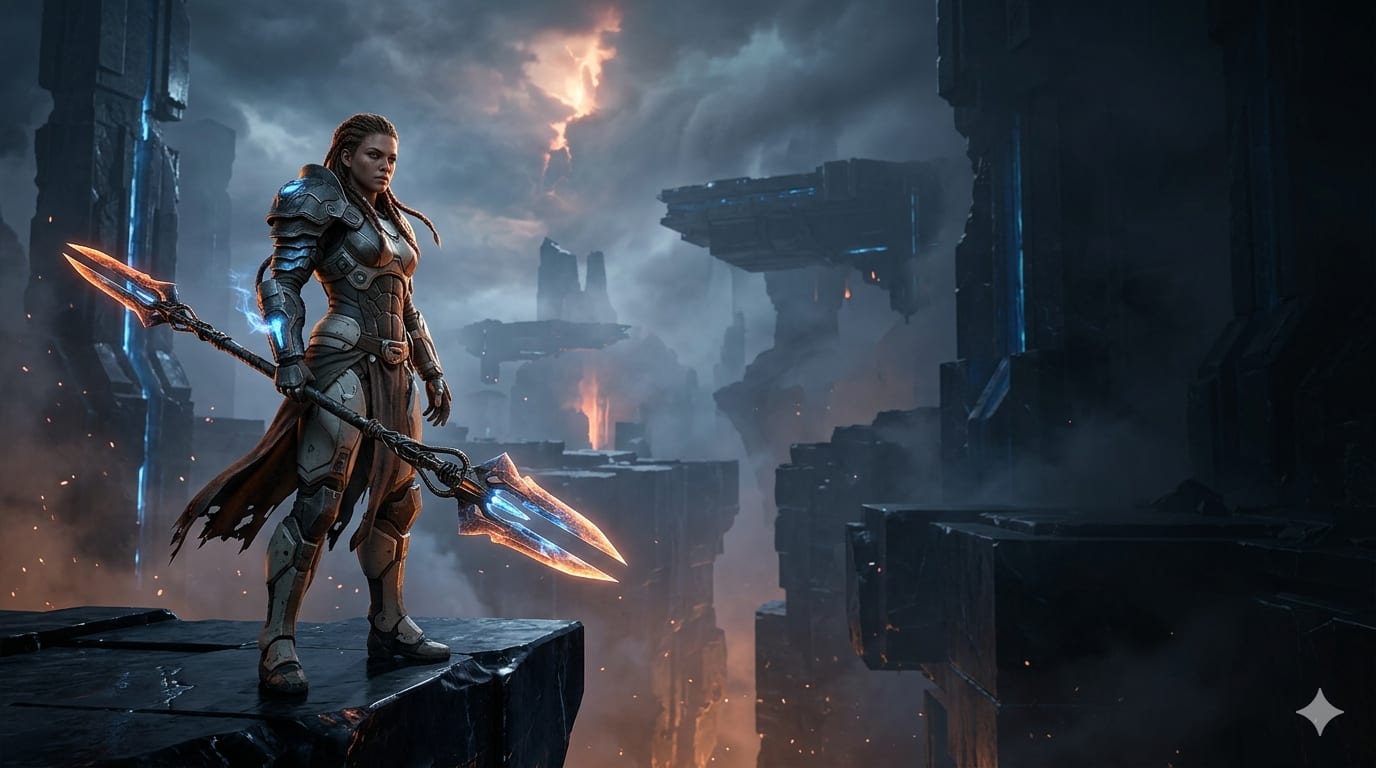 Console game development — cinematic AAA scene of a warrior approaching a vast citadel.