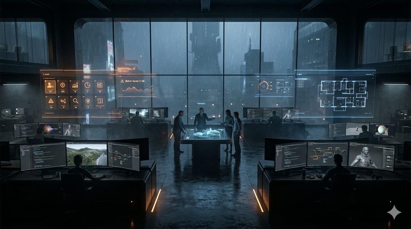 Full-cycle production — wide view of the studio floor with developers and concept art walls.