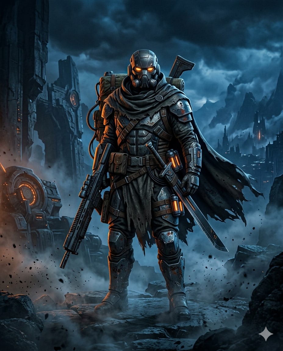 Character art for an armored sci-fi ranger.