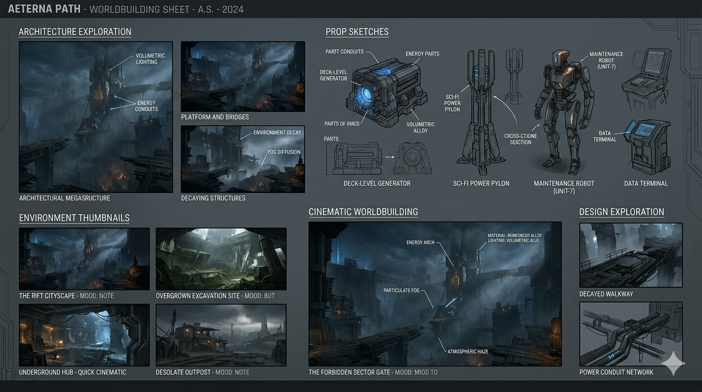 Concept art worldbuilding sheet with environments and props.