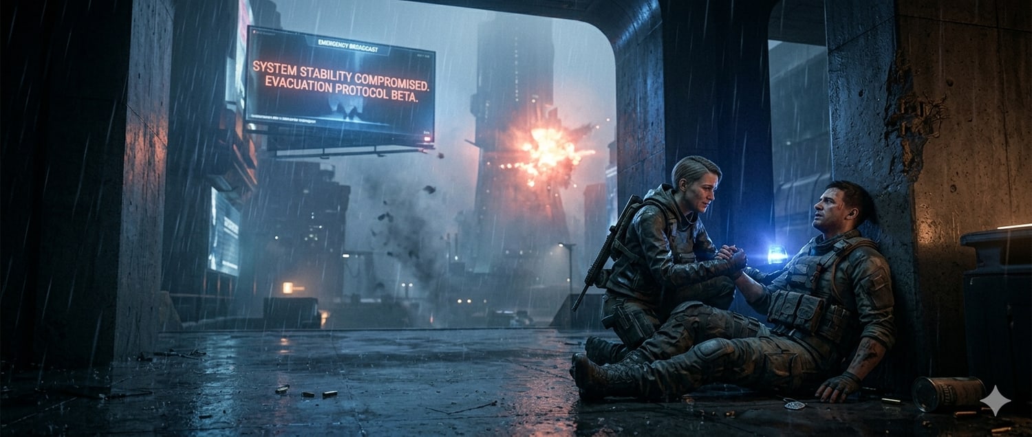 Keyframe art of a cinematic rescue in a rainy city.